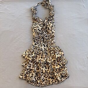 Myth NYC Women Leopard Print Ruffle Halter‎ Mini Dress Smocked Back Tan Black S